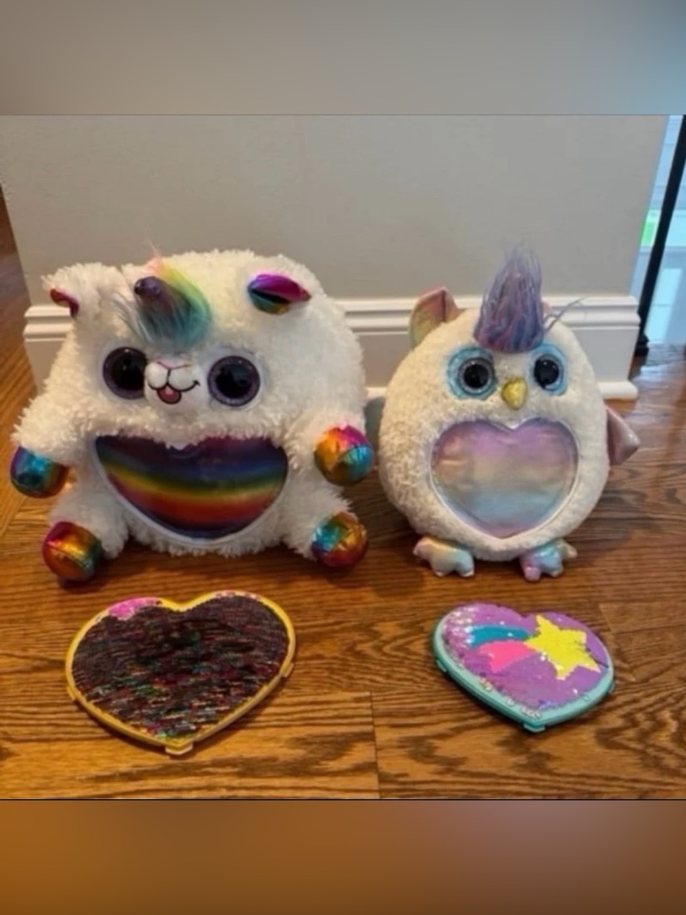 Large and medium rainbocorn sequin surprise plush rainbow llama and owl